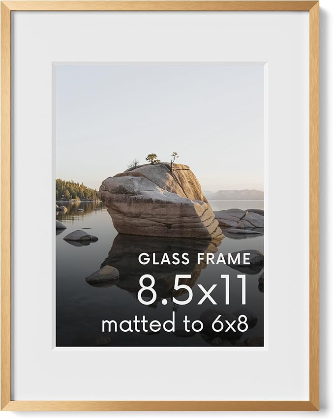 HAUS AND HUES 8.5x11 Brass Metal Picture Frame with Real Glass, Matted 6x8, Aluminum Wall Display with Hanging Kit for Home Office