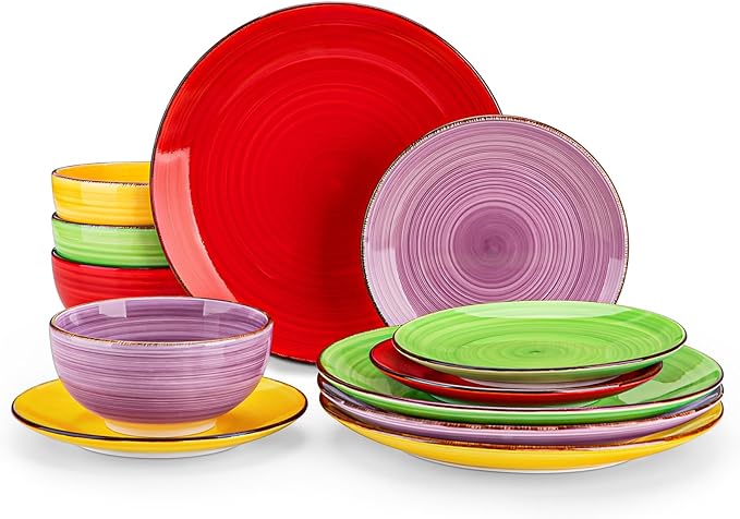 vancasso Bonita Dinnerware Set Muticolor Stoneware 12 Pieces Service for 4, Handpainted Spirals Pattern Stoneware Plates and Bowls Set