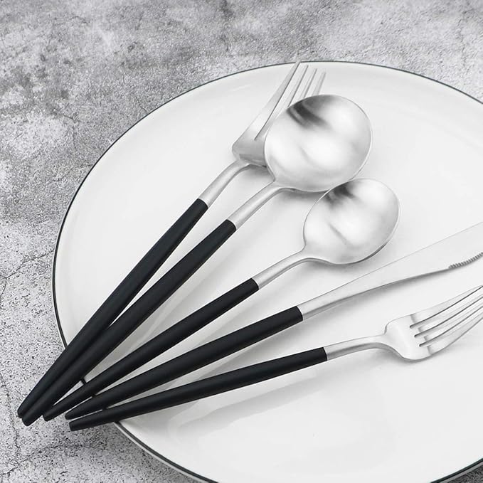Gugrida Black Handle Matte Silver Silverware Set - 5-Piece 18/10 Stainless Steel Satin Finish Flatware, Kitchen Utensils, Tableware Travel Cutlery for Camping Office Lunch - Dishwasher Safe