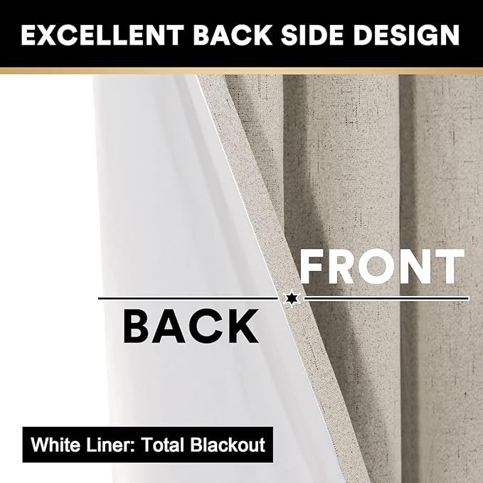 PrinceDeco Linen 100% Blackout Curtains for Bedroom/Living Room Reduce Noise Light Blocking Window Curtains Drapes for Boho Home Decor, Linen Look Fabric with White Liner (52 x 102 Inch,Cobblestone)