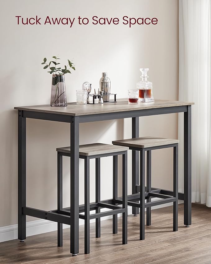 VASAGLE Bar Table and Chairs Set, Rectangular Table with 2 Stools, Dining Pub Set for 2, Space Saving for Kitchen Breakfast, Living Room, Party Room, Greige and Black ULBT015B02