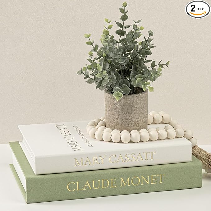 Premium Linen Faux Book Box Set of 2: Aesthetic Book Safe with Hidden Storage for Living Room Console Table & Bookshelf Decor, Home Organizer, Green & Beige, Tallest 10.67in