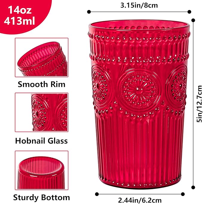 Ciaell 12 Pack Romantic Plastic Water Glasses - 14 Oz Red Vintage Drinking Glasses, Embossed Ribbed Plastic Cups, Textured Striped Set for Juice, Beverages, Beer, Cocktail & Valentine's Day