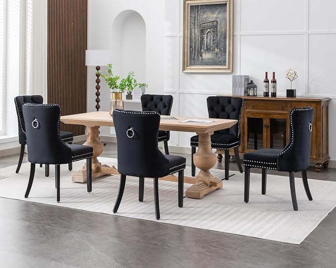 KCC Velvet Dining Chairs Set of 2, Upholstered High-end Tufted Dining Room Chair with Nailhead Back Ring Pull Trim Solid Wood Legs, Nikki Collection Modern Style for Kitchen, Black