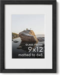 HAUS AND HUES 9x12 Picture Frame with Real Glass and Black American Oak Matted to 6x8 - Oak 12x9 Picture Frame - Includes Vertical & Horizontal Hang - Ideal for Home, Room, Office (9x12 in, Black)