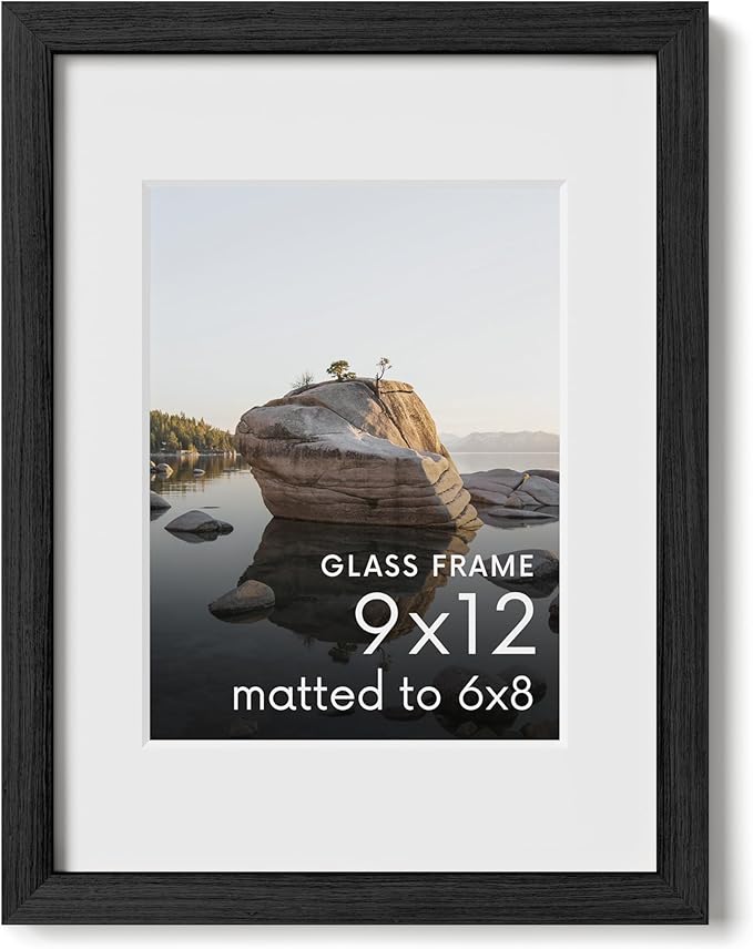 HAUS AND HUES 9x12 Picture Frame with Real Glass and Black American Oak Matted to 6x8 - Oak 12x9 Picture Frame - Includes Vertical & Horizontal Hang - Ideal for Home, Room, Office (9x12 in, Black)