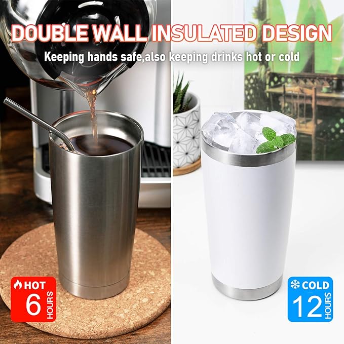 COMOOO 20oz Stainless Steel Tumbler Double Wall Vacuum Coffee Cup Insulated Travel Mug with Lid and Straw Durable Powder Coated Insulated Coffee Cup for Cold & Hot Drinks (Silver, 12 pack