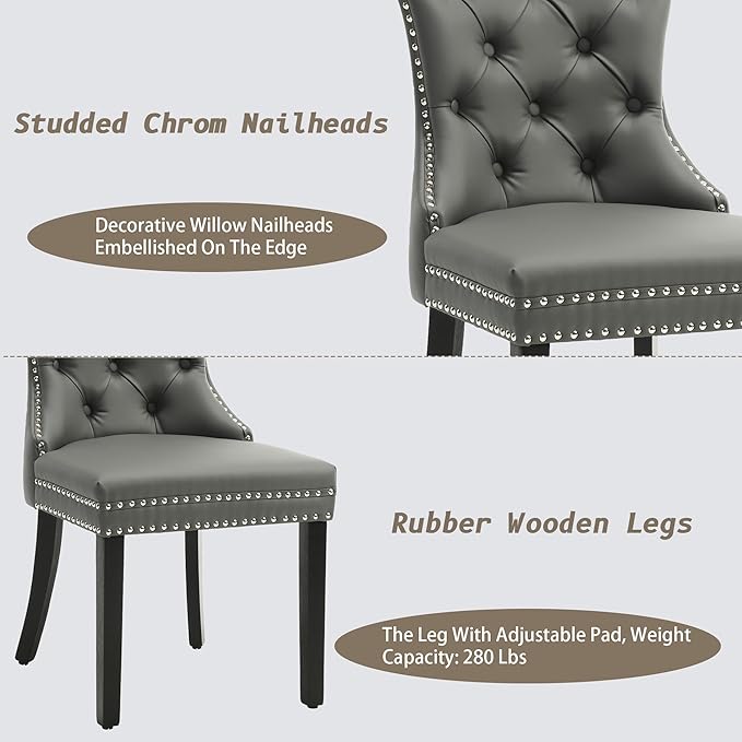 KCC Faux Leather Dining Chairs Set of 2, Upholstered High-end Tufted Dining Room Chair with Nailhead Back Ring Pull Trim Solid Wood Legs, Contemporary Nikki Collection Modern Style for Kitchen, Gray