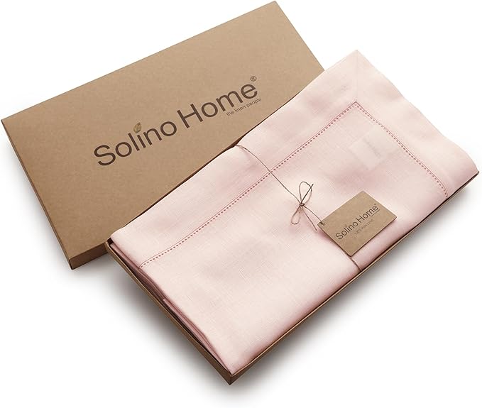 Solino Home Linen Tablecloth 60 x 108 Inch - Classic Hemstitch 100% Pure Linen Pink Table Cloth for Rectangle Tables - Machine Washable Tablecloth for Valentines, Spring, Easter