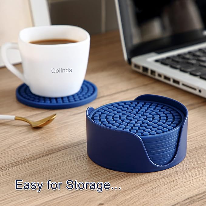 Colinda Silicone Drink Coasters with Holder, Set of 6, Outdoor Cup Mat for Hot or Cold Drinks, Thickened, Non-Slip,Non-Stick, Warm Grey
