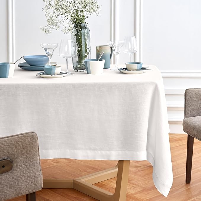 Solino Home Linen White Tablecloth 70 x 132 Inch - 100% Pure Linen Rectangular Tablecloth - Machine Washable Table Cloth for Winter, Valentines, Spring, Easter - Sonoma
