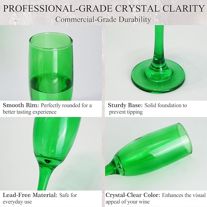 Champagne Flutes Glasses Set of 6-6oz Elegant Green Champagne Glass, Unique Green Colored Long stem Champagne Flute Gift for Wedding, Anniversaries, Parties, Birthday, Restaurant, Home Bar