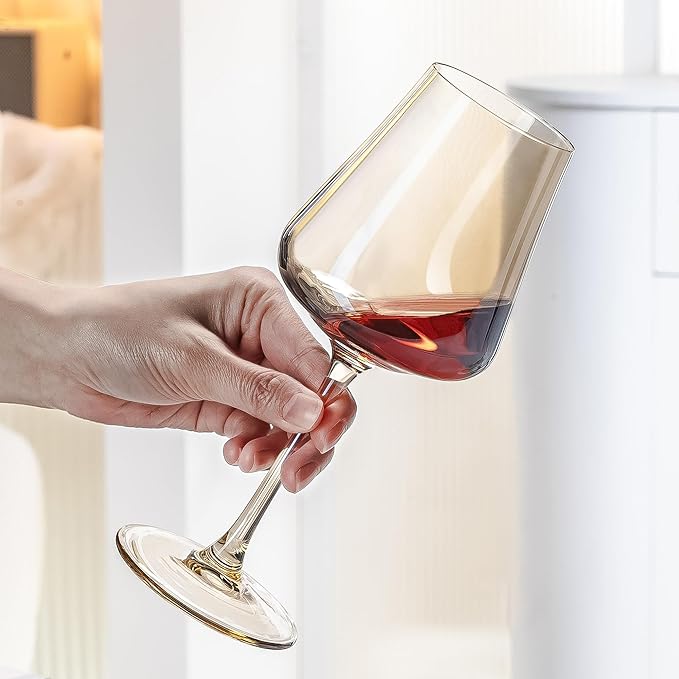 PTSTING Wine Glasses Set of 4 Amber Wine Glass 14oz Glassware for Tasting,Wedding,Anniversary,Christmas, Birthday