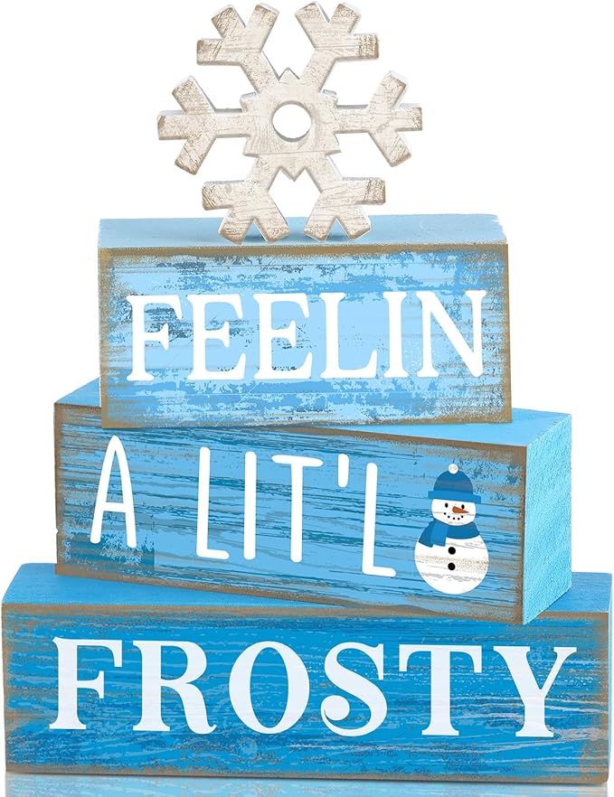 4 Pcs Winter Wooden Tabletop Decor Christmas Snowflake Tiered Tray Decor Rustic Wood Block Sign Gift Winter Centerpiece for Shelf Office Farmhouse Table Frozen Birthday Party Decoration