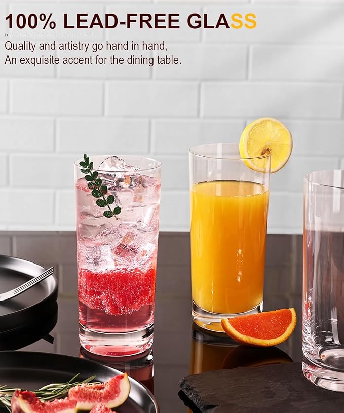 LUNA & MANTHA Drinking Highball Glasses Set of 12, Water Glasses 16 oz, Wide Mouth Design Lead-Free Crystal Glassware, Tall Glass Cups for Mojito and Tom Collins, Cocktail