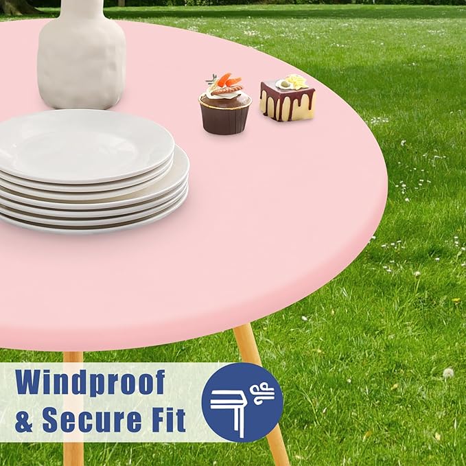 Round Spandex Valentines Day Tablecloth, Elastic Fitted Waterproof Tablecloths for 36"-44" Tables, Stretch Washable Picnic Table Cover for Camping, Dining, Indoor and Outdoor, Pink
