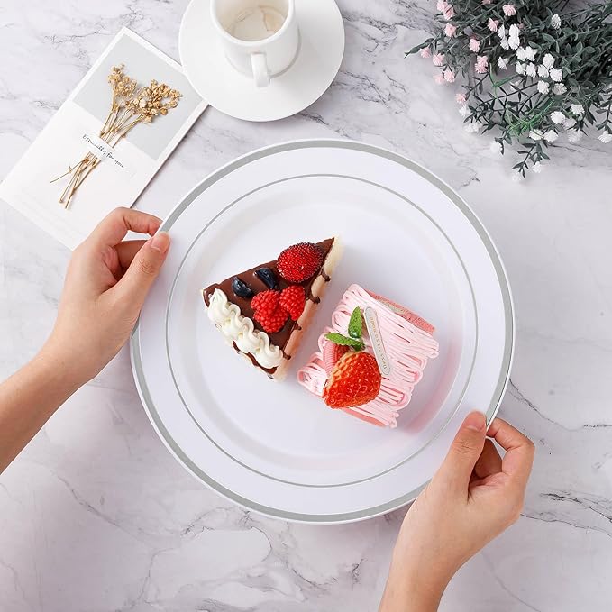 BESTVIP 50PCS Silver Plastic Plates, 10.25 Inch Disposable Dinner Plate Party with Silver Rim, Heavy Duty Disposable Plastic Plates for Christmas, Thanksgiving, Party, Wedding and Birthday
