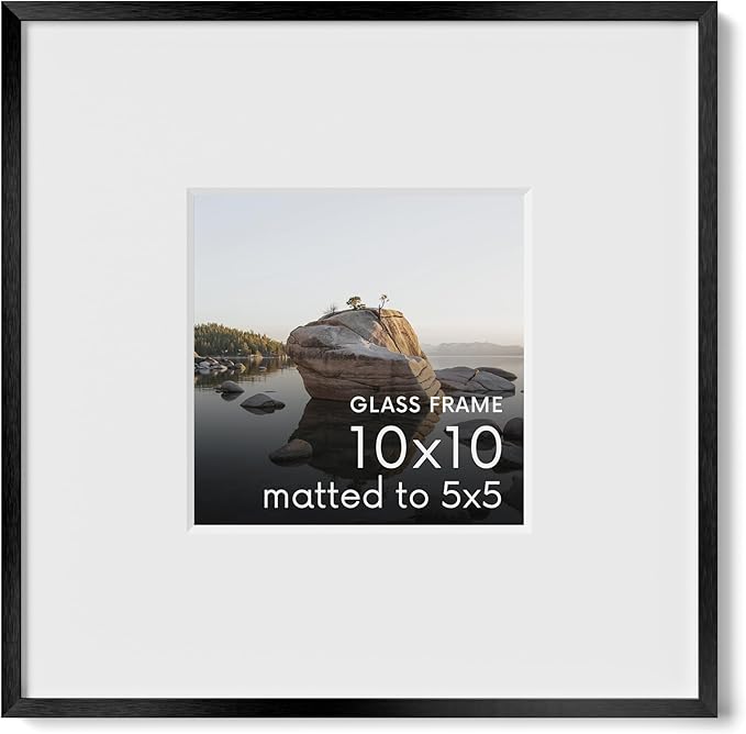 HAUS AND HUES 10x10 Picture Frame with Real Glass & Black Premium-Grade Metal Matted to 5x5 - Aluminum Glass Picture Frame - Includes Hanging Kit - Ideal for Home, Office (10x10 in, Black)