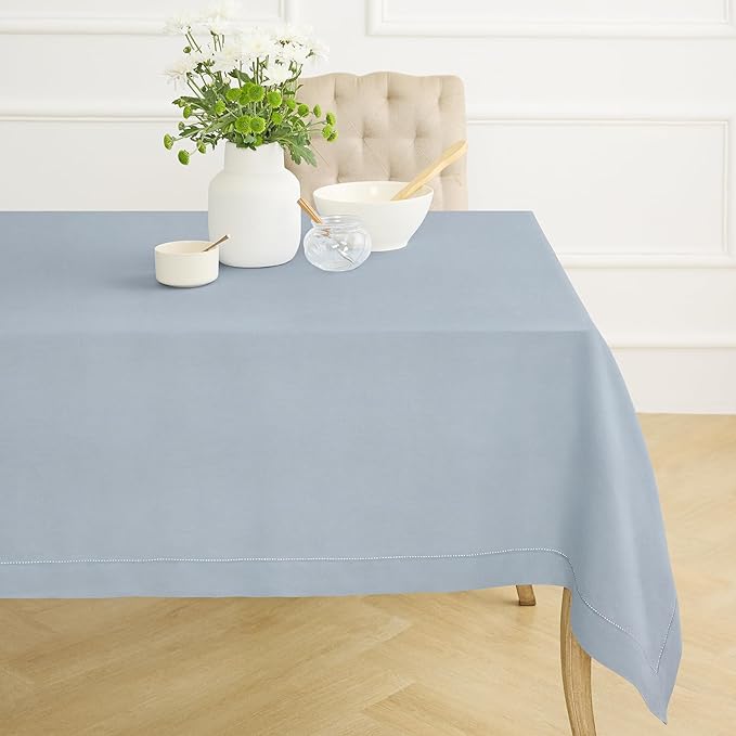 Solino Home Dusty Blue Linen Tablecloth 60 x 108 Inch - 100% Pure Linen Hemstitch Table Cloth for Rectangle Tables - Classic Hemstitch, Machine Washable Tablecloth for Winter, Spring, Easter