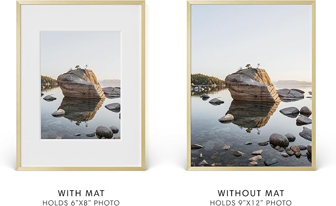 HAUS AND HUES 9x12 Picture Frame with Real Glass & Gold Premium-Grade Metal Matted to 6x8 - Aluminum 9x12 Frame - Includes Hanging Kit - Ideal for Home, Office (9x12 in, Gold)