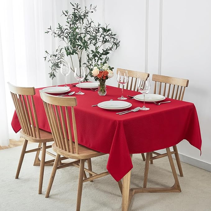 maxmill Rectangle Tablecloth Weaved Design Water Resistant Wrinkle Free Spill-Proof Soft Table Cloth for Dining Room Decoration, Banquet, Christmas Holiday Dinner, 52 x 108 Inch, Red