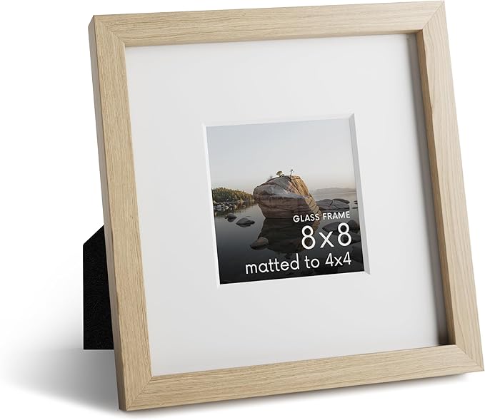 HAUS AND HUES 8x8 Picture Frames with Real Glass and Natural Oak Matted to 4x4 - Oak 8x8 Frame With Mat - Includes American Oak, Easel Back, Vertical Hang - Ideal for Home, Office (8x8 in, Natural)