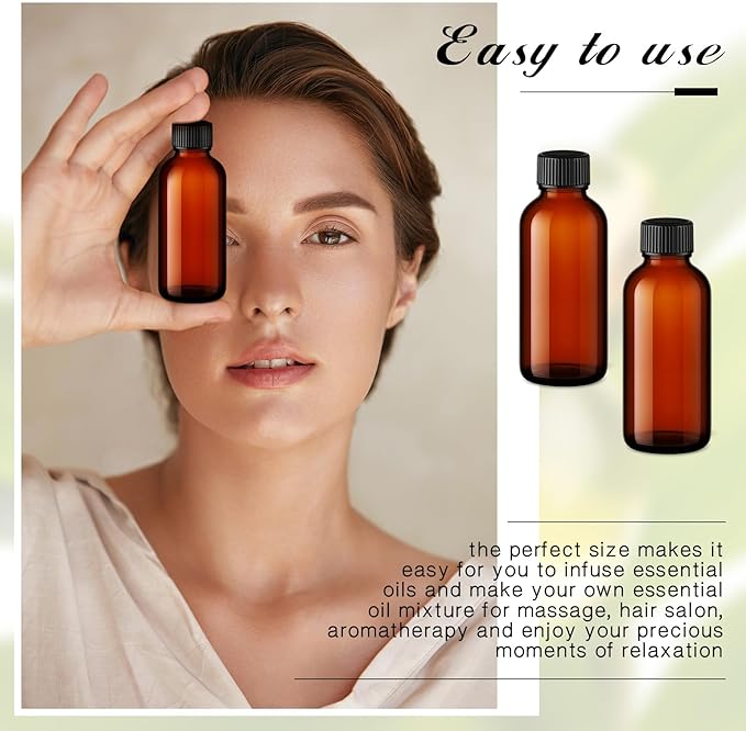 Hsei 100 Pcs 1.7 oz Amber Glass Boston Round Bottles with Black Cap Brown Sample Bottle Small Glass Containers with Lids and Funnel Chalk Labels Pen for Vanilla Extract Essential Oils