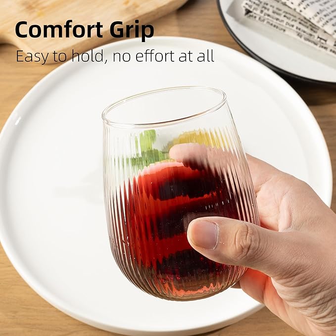 Stemless Wine Glasses Set of 12, 17Oz Red/White Wine Glasses with No Stem, Strip Textured Glassware Set, Dishwasher Safe, Ideal for Daily Use, Home Bar, Birthdays, Housewarming Gift