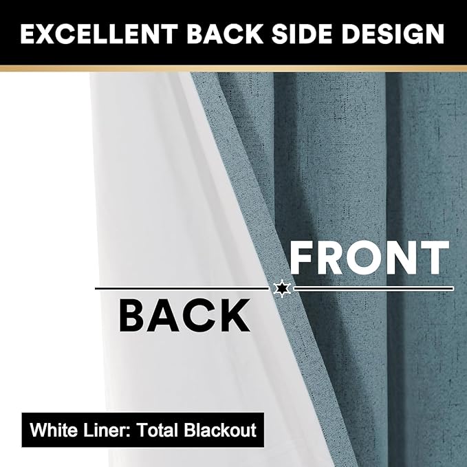 PrinceDeco 100% Blackout Linen Textured Curtains for Bedroom Linen Blackout Curtains 90 Inches Length 2 Panels Set Noice Reducing Soundproof Window Treatment Drapes with White Liner,Stone Blue