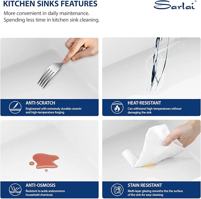 Sarlai 33 White Farmhouse Kitchen Sink - 33x20 Inch Undermount Kitchen Sink Workstation Apron Front Ceramic Fireclay Single Bowl Farmer Sinks Basin With Gold Accessories