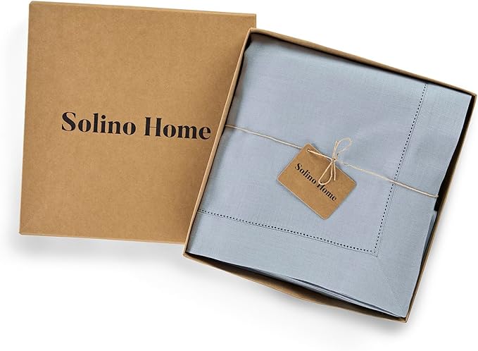 Solino Home Dusty Blue Linen Tablecloth 60 x 108 Inch - 100% Pure Linen Hemstitch Table Cloth for Rectangle Tables - Classic Hemstitch, Machine Washable Tablecloth for Winter, Spring, Easter