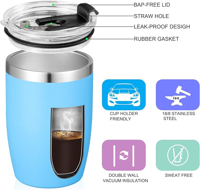 VEGOND Stainless Steel 12 oz Tumblers bulk Vacuum Insulated Double Wall Travel Tumbler with Lid and Straw Reusable Tumbler,Sky Blue 12 pack