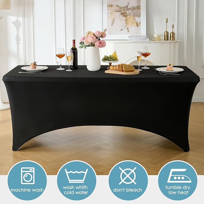 VidaFete Spandex Tablecloth 6 Pack 6FT, Fitted Stretch Table Cover for Rectangle Tables, Wrinkle Resistant and Washable Tablecloths for Outdoor, Picnic, Party, Wedding, Banquet, Birthday, Black