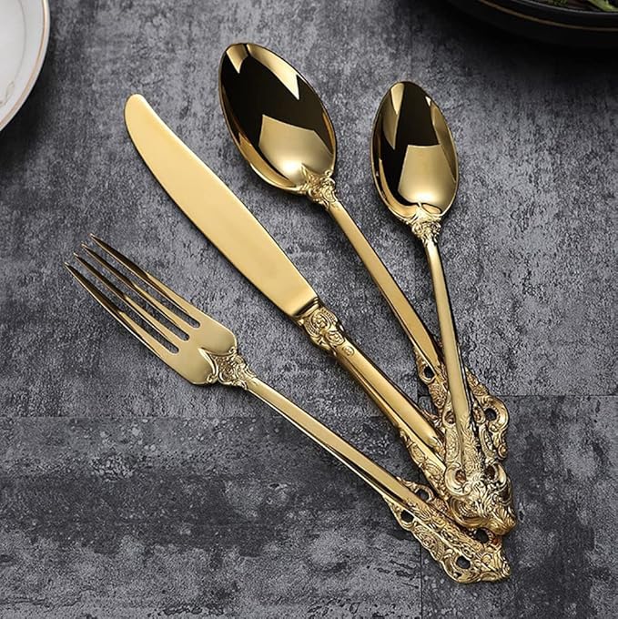Gold Silverware Set for 8 Durable 18/10 Stainless Steel Flatware Set Palace Style Modern Cutlery Utensils Set 32 Piece Include Knives Forks and Spoons Tableware Set for Home Kitchen Restaurant