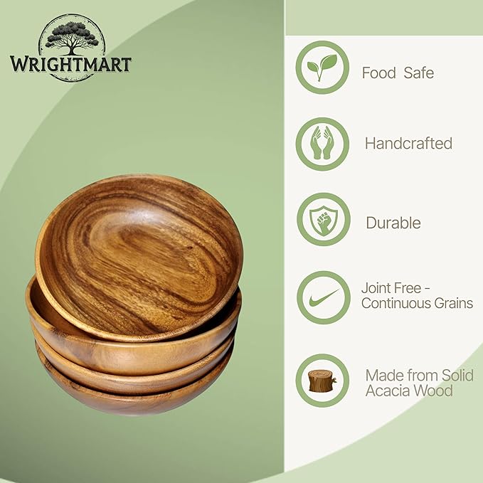 Wooden Salad Bowl Set – Set of 4 Acacia Wood 7” Wood Salad Bowls for Food, Rustic Handcrafted Kitchenware for Snacks, Fruit & Sides, Gift-Ready for Holidays & Housewarming