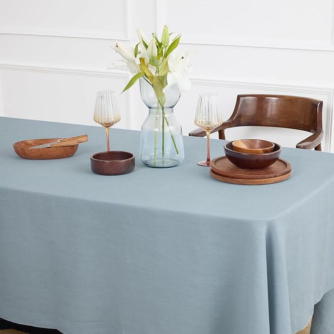 Solino Home Linen Dusty Blue Tablecloth 70 x 132 Inch - 100% Pure Linen Rectangular Tablecloth - Machine Washable Table Cloth for Winter, Spring, Easter - Sonoma