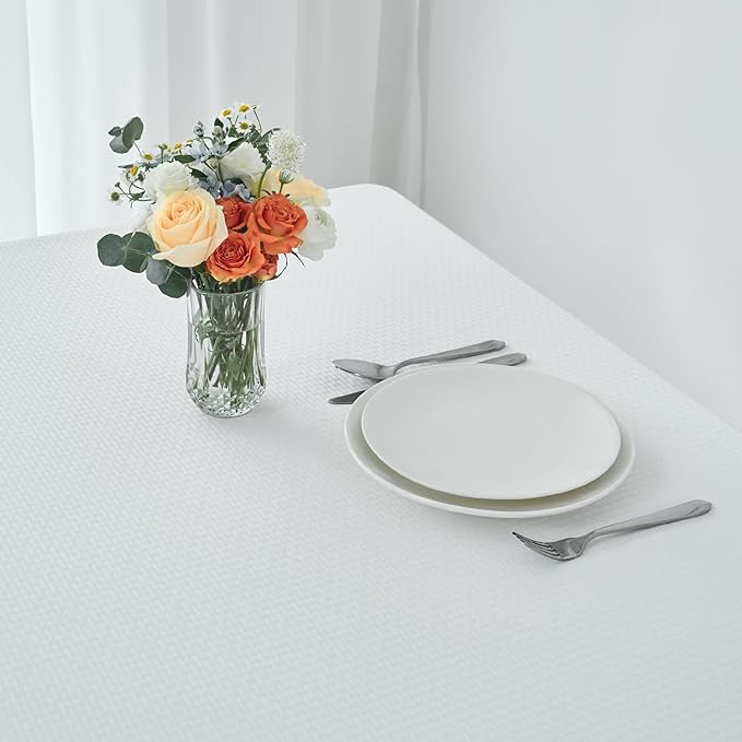 maxmill Rectangle Tablecloth Weaved Pattern Waterproof Spillproof Wrinkle Free Table Cloth, Kitchen Dining Tabletop Decoration, Fabric Table Cover for Holiday Parties, 52 x 108 Inch, White