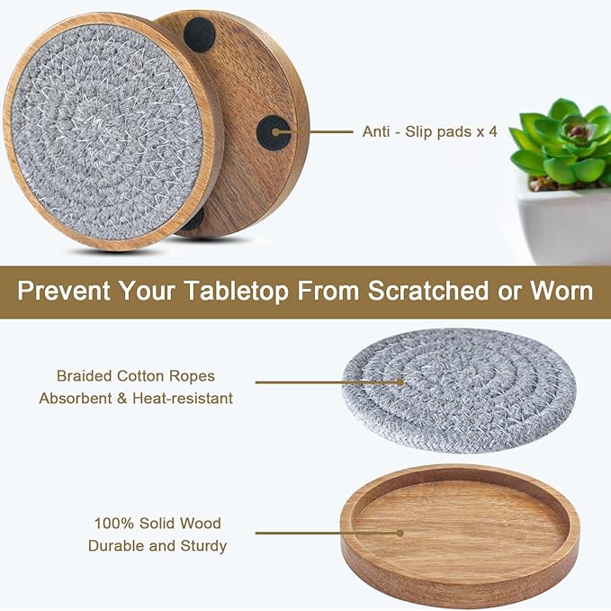 6 Pack Coasters for Drinks Absorbent, 4.3 inches Cute Coasters for Kitchen, Farmhouse, Bar, and Office (Gray)