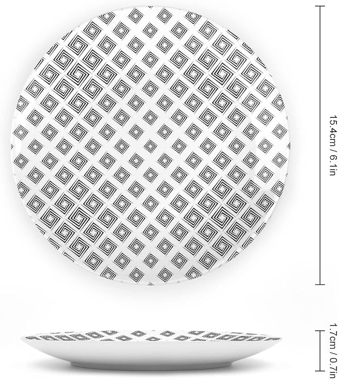 Decorative Plates, Abstract Print Ornament, Minimalist Geometric Diamond Shaped Square Lines, 10 Inch, 1 Plate with 1 Display Stand, Black White