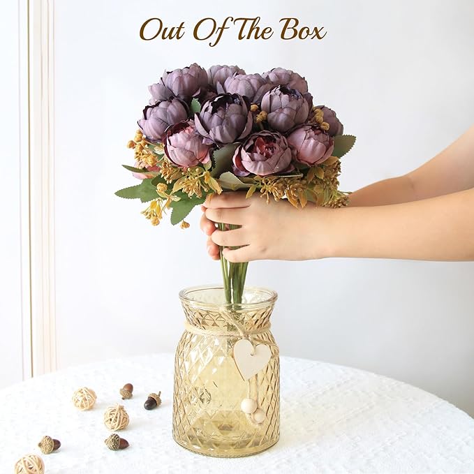 Faux Flowers in Vase,Fake Flowers in Vase 21 Pcs Faux Peony Flowers,Artificial Flowers for Home Decor, Indoor Centerpiece for Living Room & Dining Table (Purple Red)