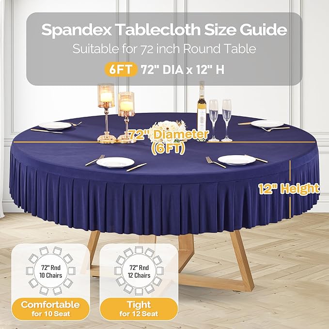 1 Pack Navy Blue Spandex Round Tablecloths for 72in Table, Stretchy Fitted 6FT Round Table Cloths, Wrinkle Free Table Cover with Skirt for Wedding Birthday Party Bridal Shower Banquet
