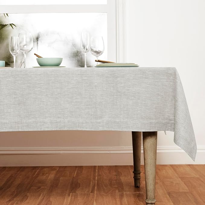 Solino Home Linen Tablecloth 60 x 132 Inch - 100% Pure Linen Oyster Grey Table Cloth for Rectangle Tables - Athena, Machine Washable Tablecloth for Spring, Easter