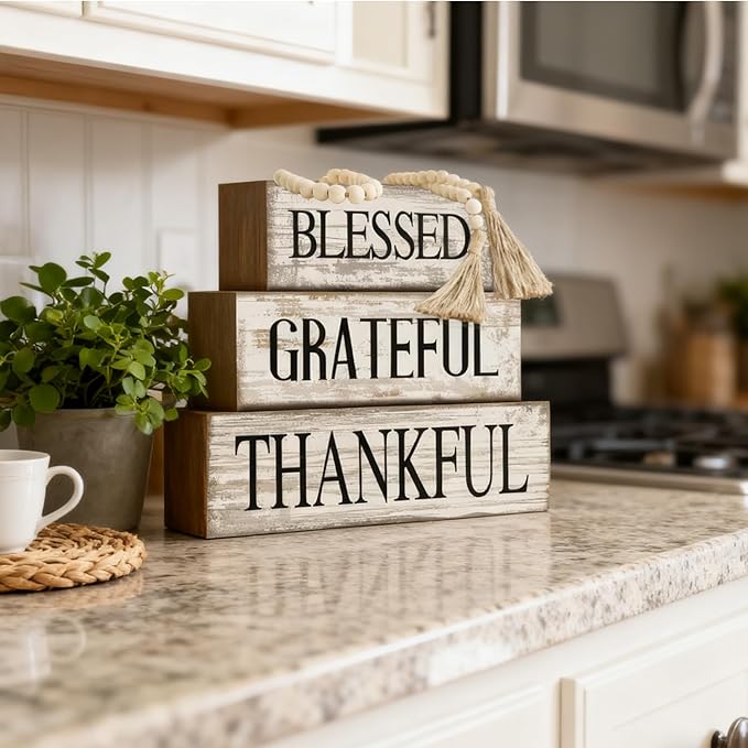 4 Pcs Farmhouse Wooden Tabletop Decor Farmhouse Tiered Tray Decor Rustic Retro Wood Bead Garland Blessed Grateful Thankful Block Sign Neutral Centerpiece Sign for Home Office Shelf Mantle