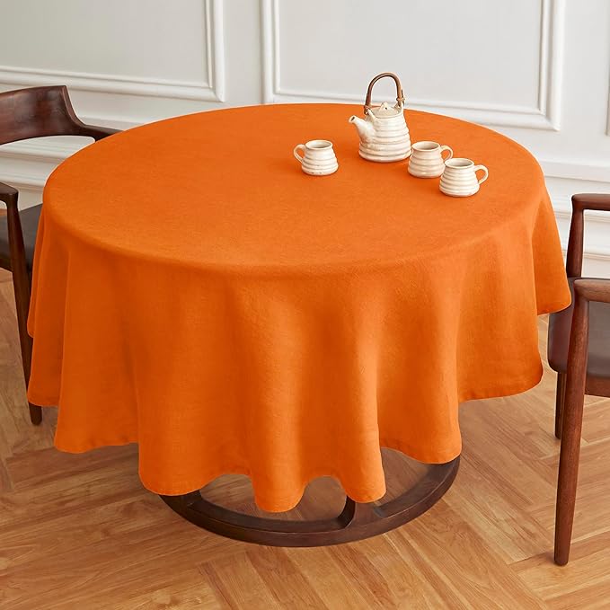 Solino Home Linen Round Tablecloth 70 Inch - 100% Pure Linen Pumpkin Round Tablecloth - Machine Washable Table Cloth - Sonoma
