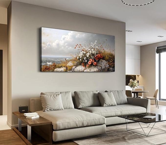 ADJUVANT Wall Art Vintage Coastal Floral Scene 48"L x 24"W, Seaside Wildflowers By The Ocean Canvas Painting Nature Artwork Coastal Blooms Prints Botanic Decor for Living Room Bedroom Bathroom Home Office