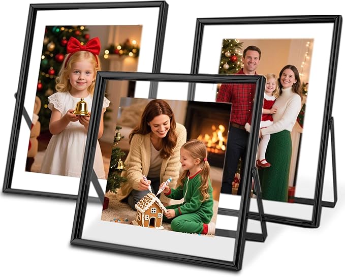 Black Floating Picture Frames - Set of 3, for Photo Size 4×4, 4×6, 5×7, Vertical Tabletop Display, Double Glass Metal Frame for Wedding, Home or Office Desk Decoration (Black)