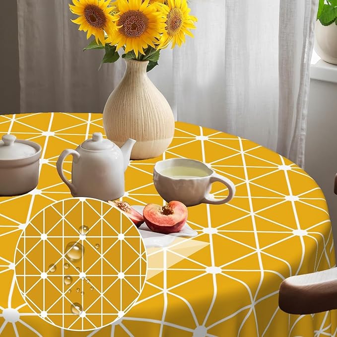 Laeacco 36 Inch Geometric Round Tablecloth Orange Triangle Modern Geometric Abstract Art Print Table Cloth Washable Waterproof Wrinkle Free Table Cover for Kitchen Dining Picnic Party Decoration