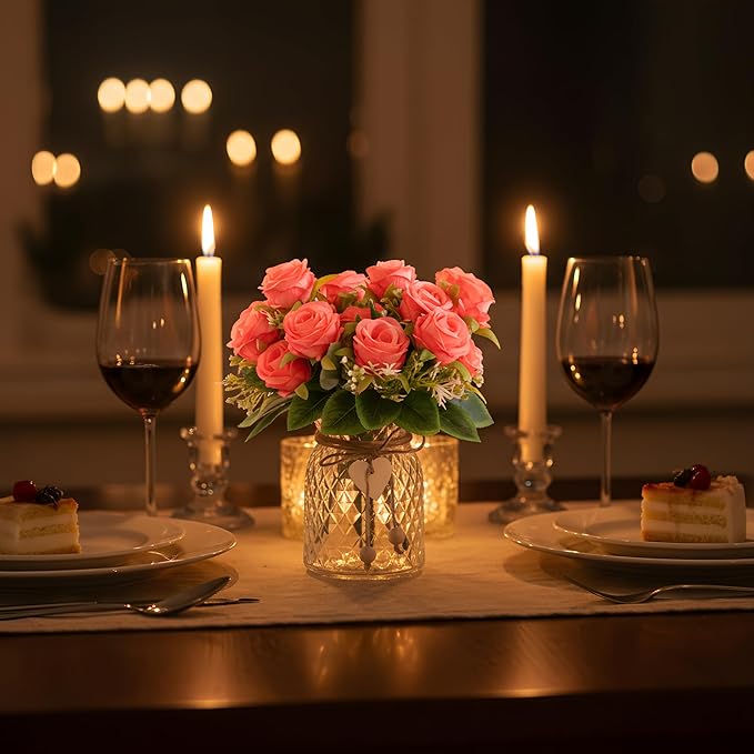 Fake Flowers in Vase,Fake Flowers with Vase 18 Pcs Faux Rose Flowers,Artificial Flowers for Home Decor, Indoor Centerpiece for Living Room & Dining Table (Pink)