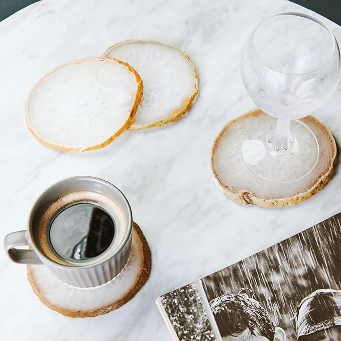 Luxury Lane Set of 4 Large Natural Brazilian Agate Slice Geode Rock Stone Drink Coasters with Wood Holder 4.3-4.7 inch Centerpiece Table Decoration, White