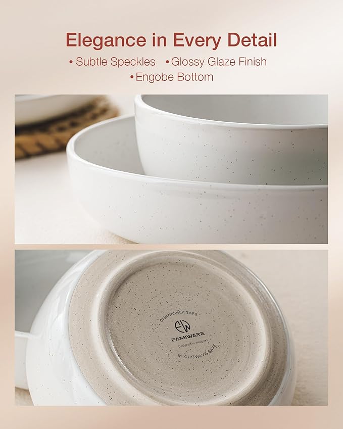 Famiware Milkyway Stoneware Dinnerware Sets with Mugs, Service for 6 (24 Pieces), Plates and Bowls Sets -Scratch Resistant, Microwave and Dishwasher Safe Dishes Set, White